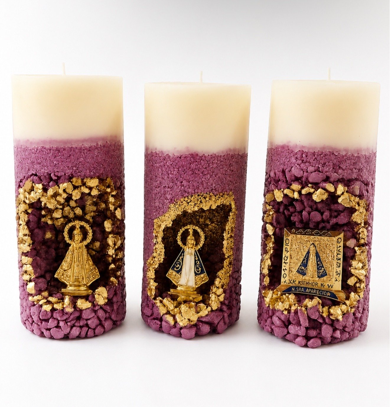 Velas oratórias Nossa Senhora Aparecida artesanal com pedras e decoração dourada